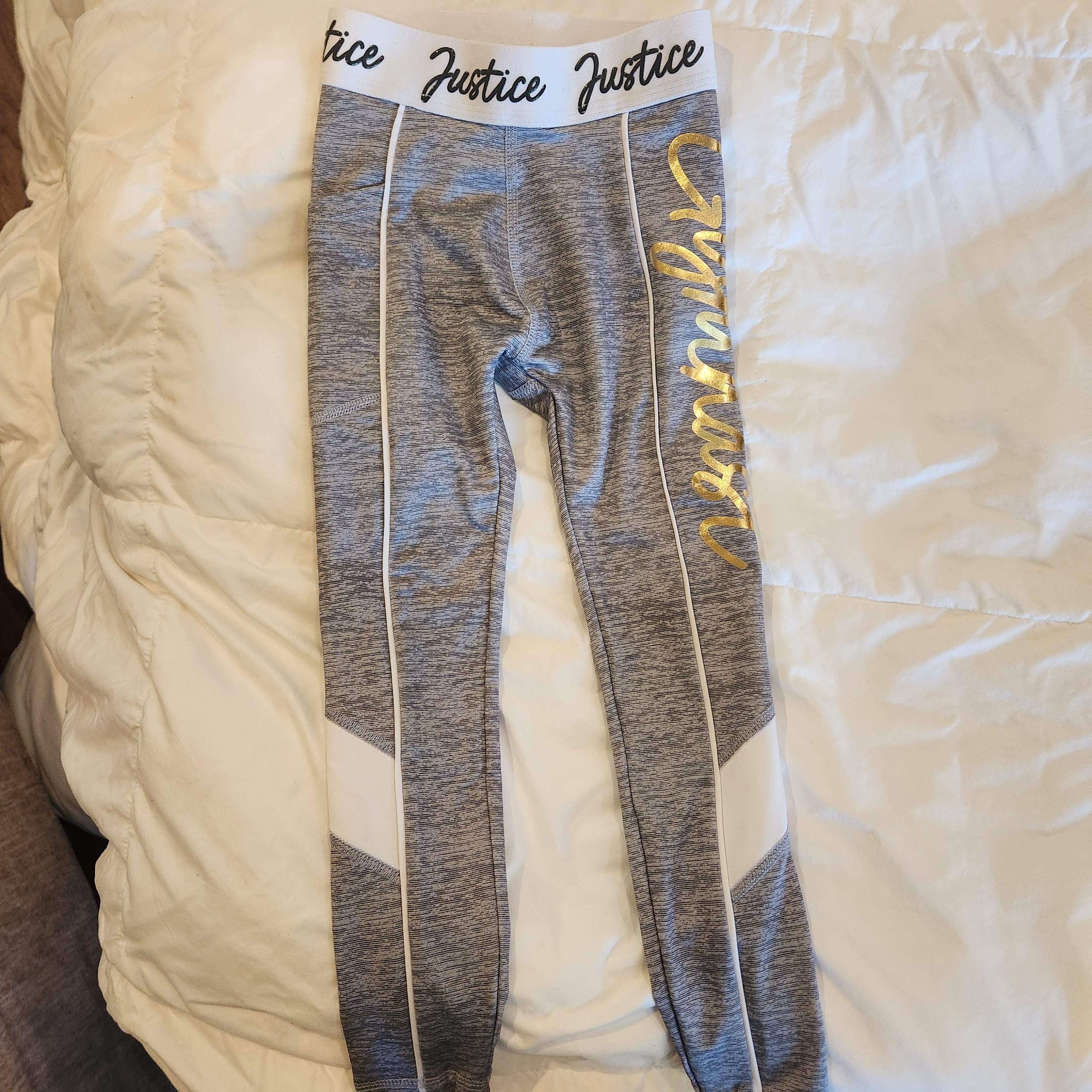 Justice Gray Leggings With White Waistband And Gold Script